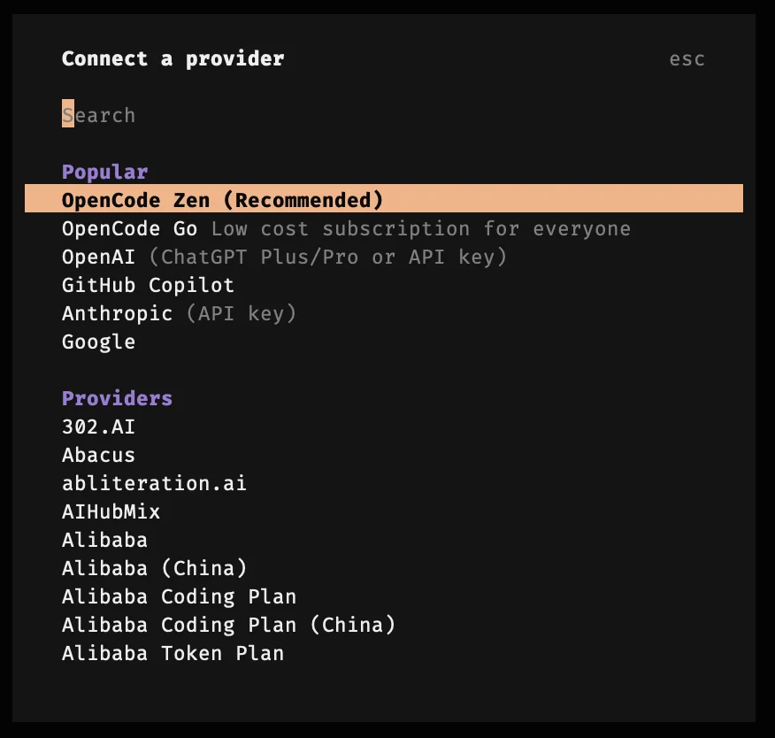 OpenCode's Connect a provider screen, with OpenCode Zen (Recommended) highlighted at the top of the list