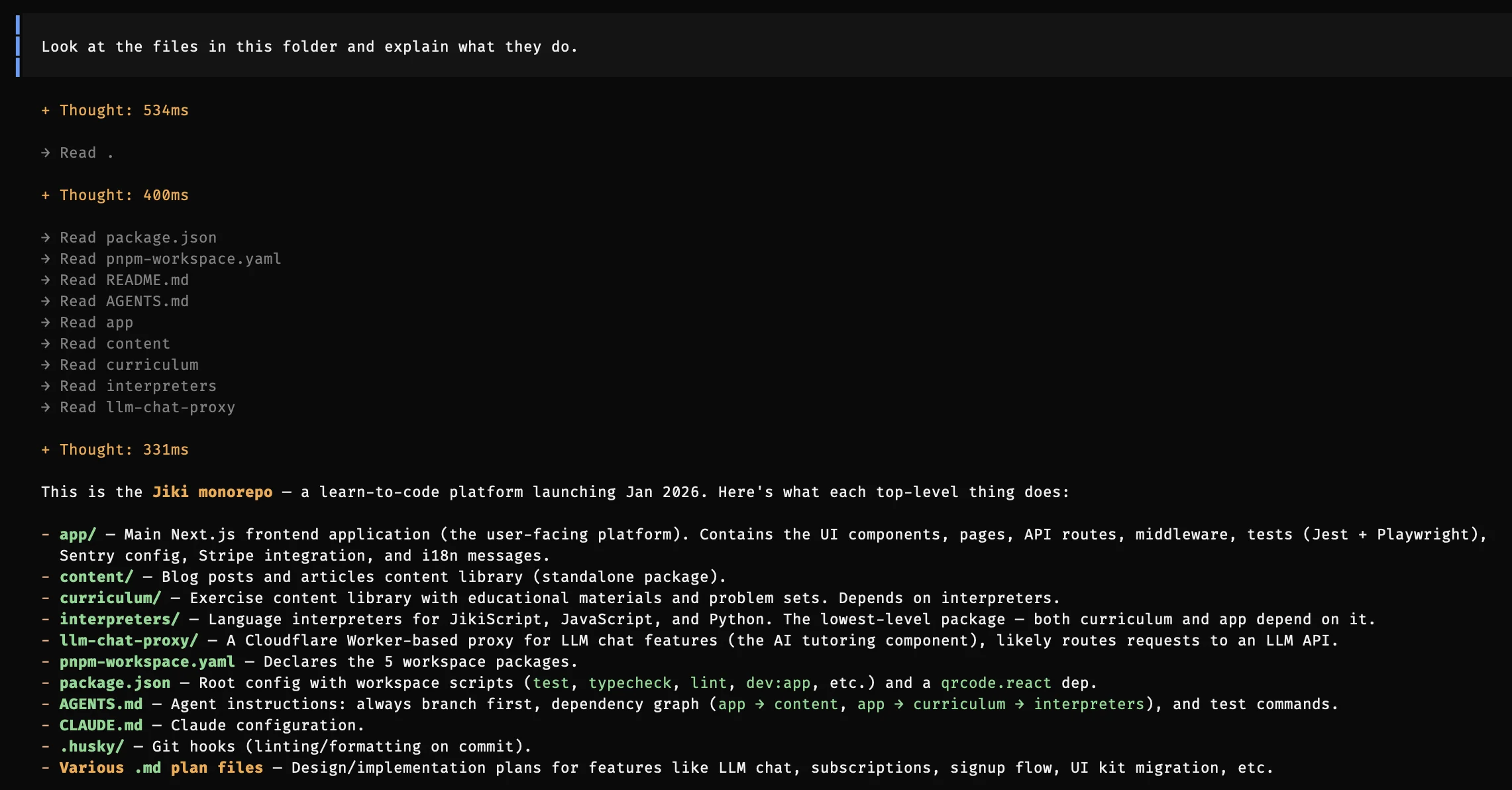 OpenCode reading the files in a project one by one, thinking, and then explaining what each top-level folder and file does