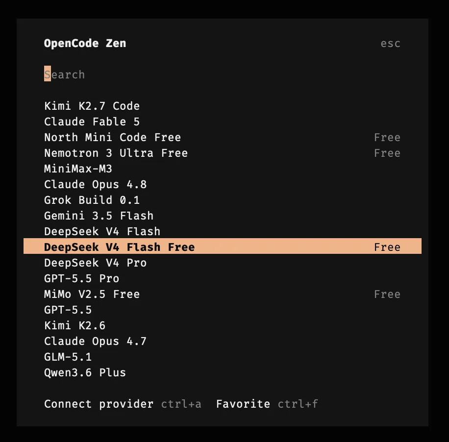 OpenCode Zen's model list, with free models marked Free on the right and DeepSeek V4 Flash Free highlighted