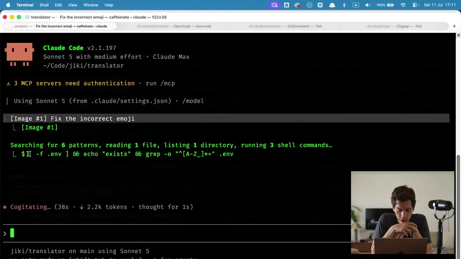 Claude Code in the terminal working on "Fix the incorrect emoji", searching for patterns, reading files and running shell commands.