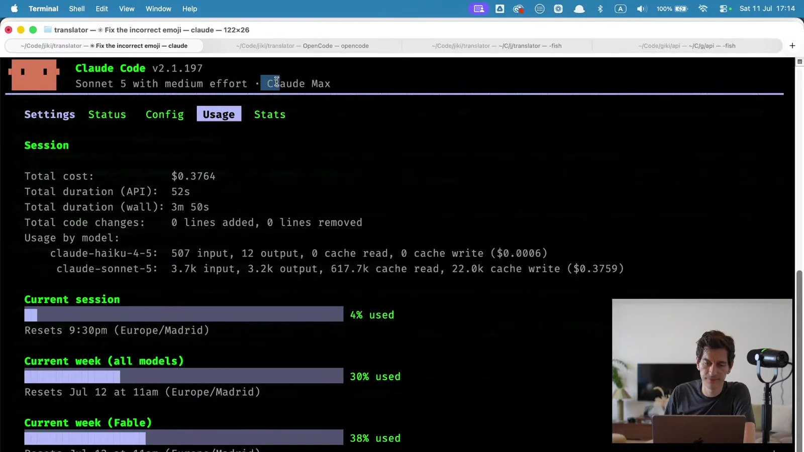 Claude Code's usage screen showing a total cost of $0.38 and 52 seconds of API time for the emoji fix.