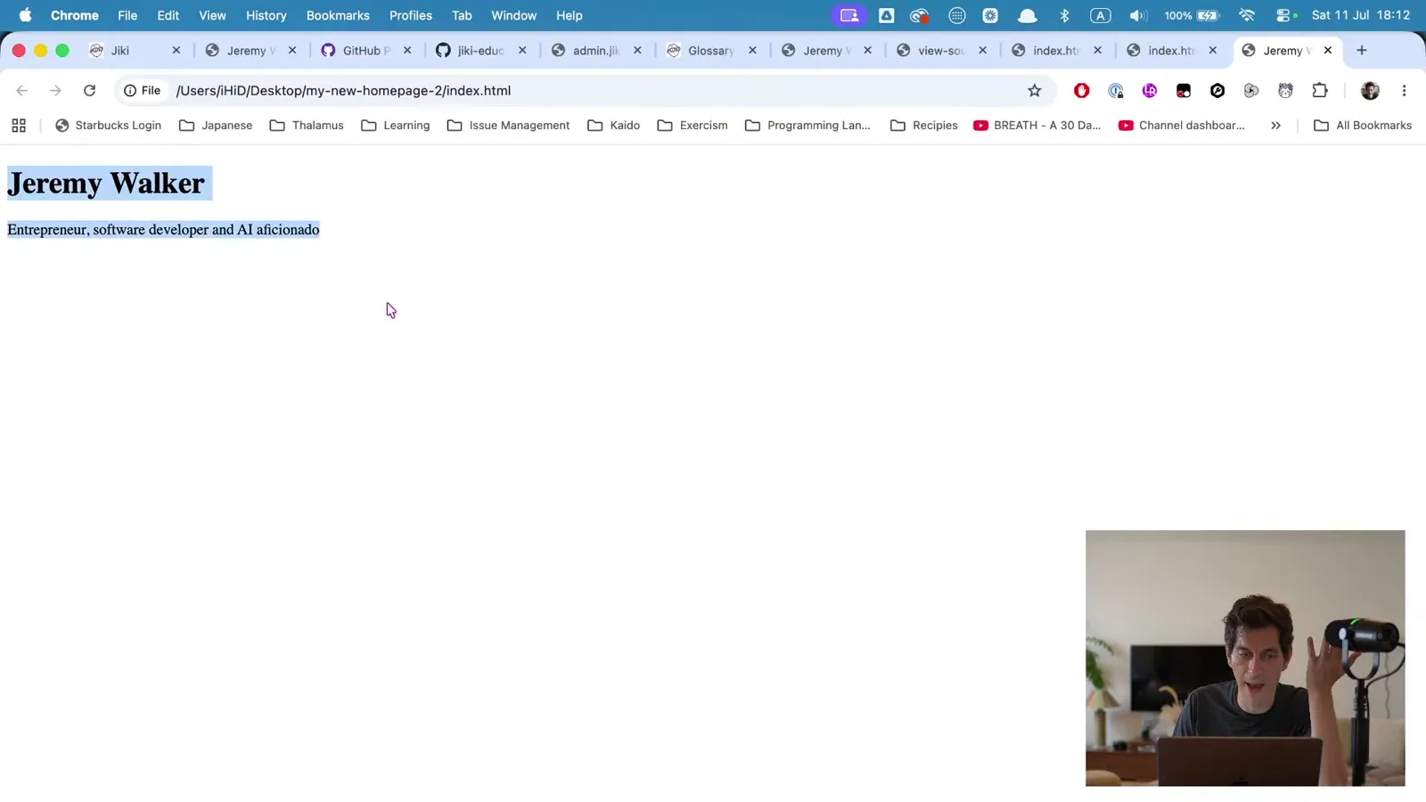 The barebones homepage open in Chrome. A heading saying Jeremy Walker and a line of bio, with no styling.