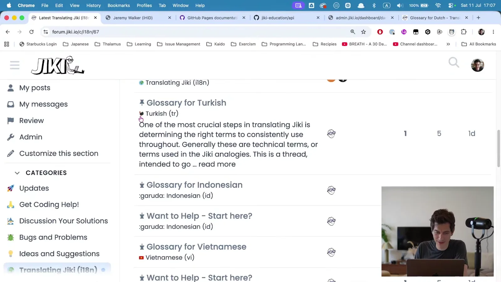 Jiki's forum showing translation topics. Turkish has a turkey emoji instead of a flag, and Indonesian shows a broken :garuda: emoji.