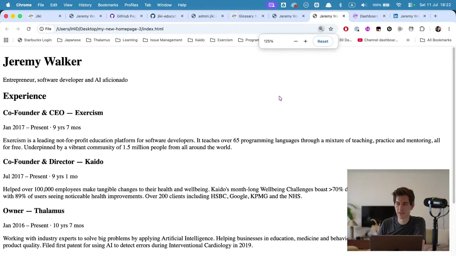 The homepage in Chrome now showing an Experience section with structured entries for each role.