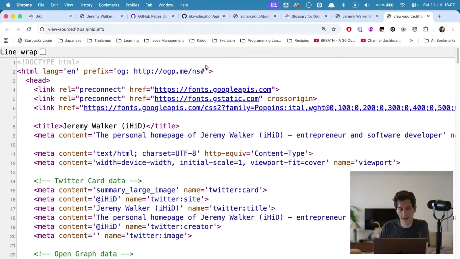 The HTML source of Jeremy's personal website, showing the doctype, head tags, meta tags and title.