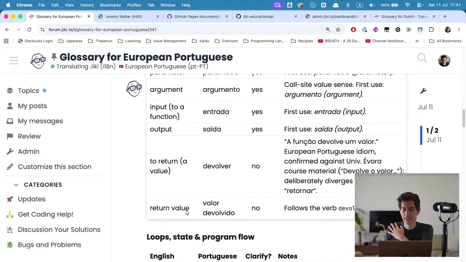 The finished Glossary for European Portuguese post on the Jiki forum, with term-by-term translations and notes.