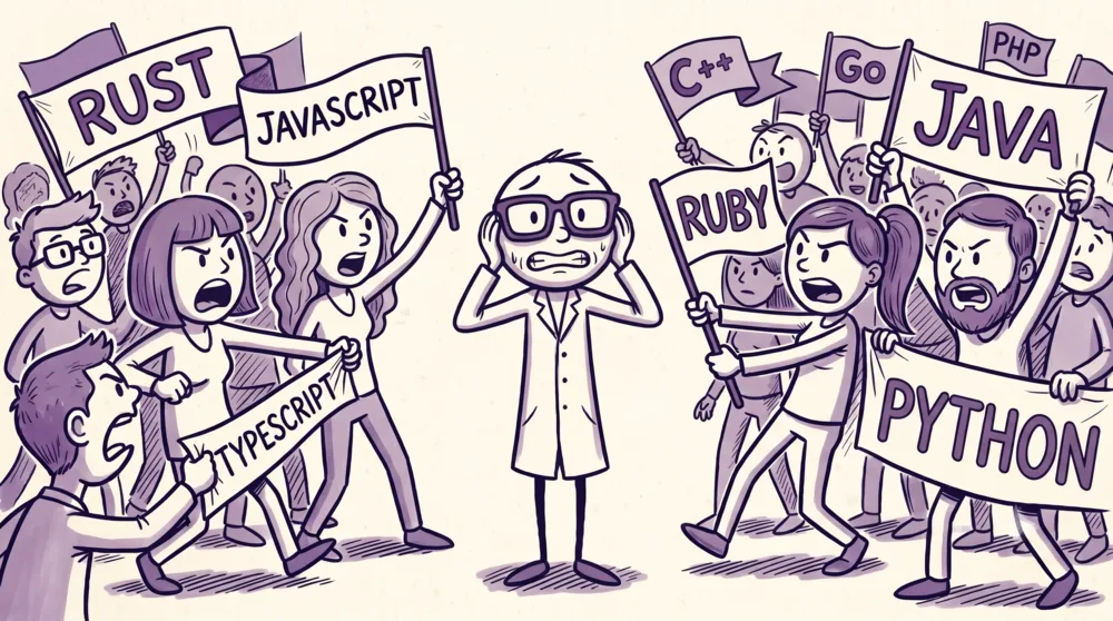 Programmers in two angry mobs waving banners for different programming languages while a confused beginner covers their ears in the middle