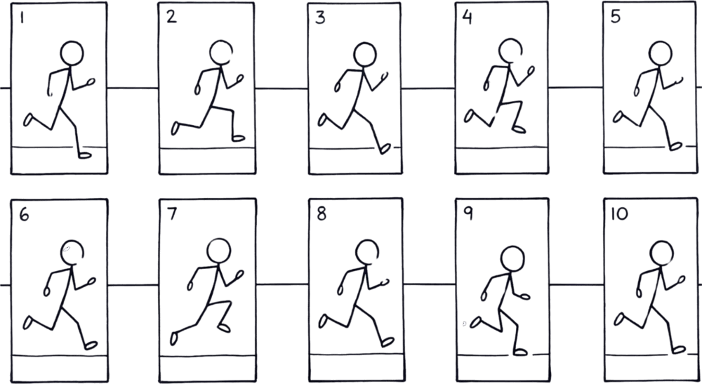 A flip book showing a stick figure running, each page slightly different so the figure appears to move