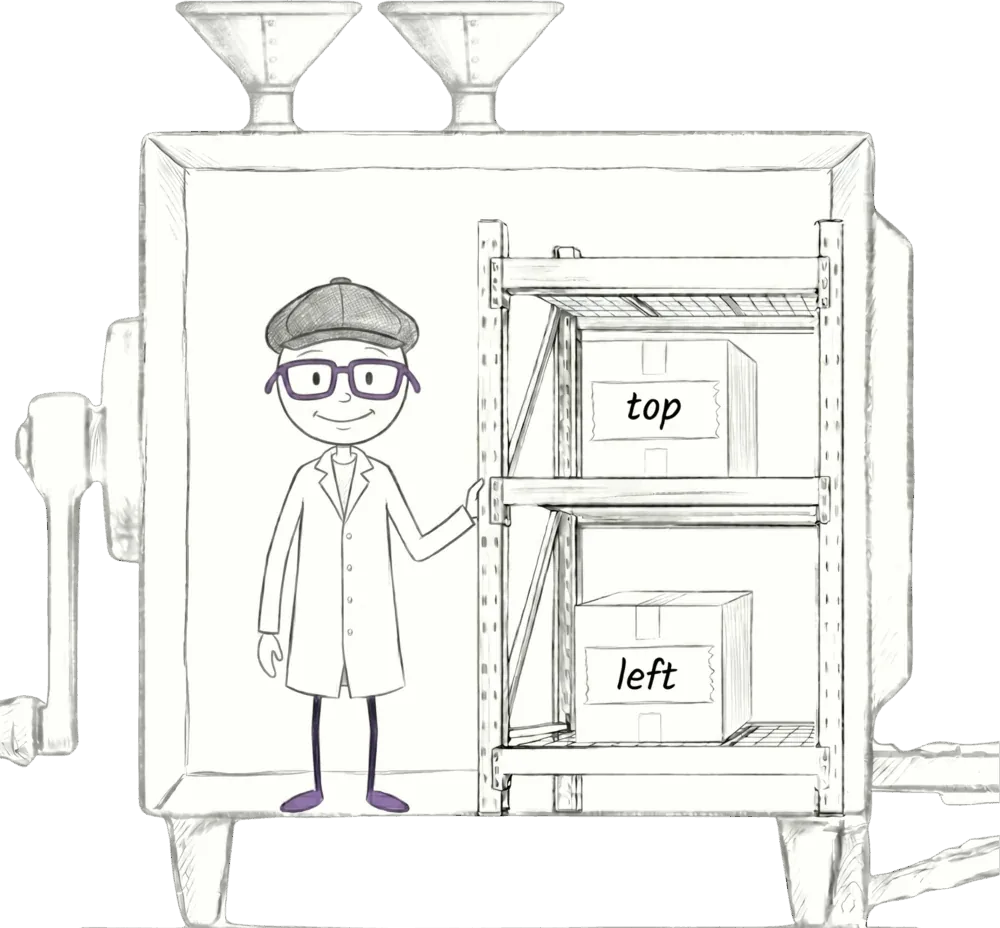 Mini-Jiki storing the two inputs in boxes labelled left and top on the shelves inside the drawStar machine