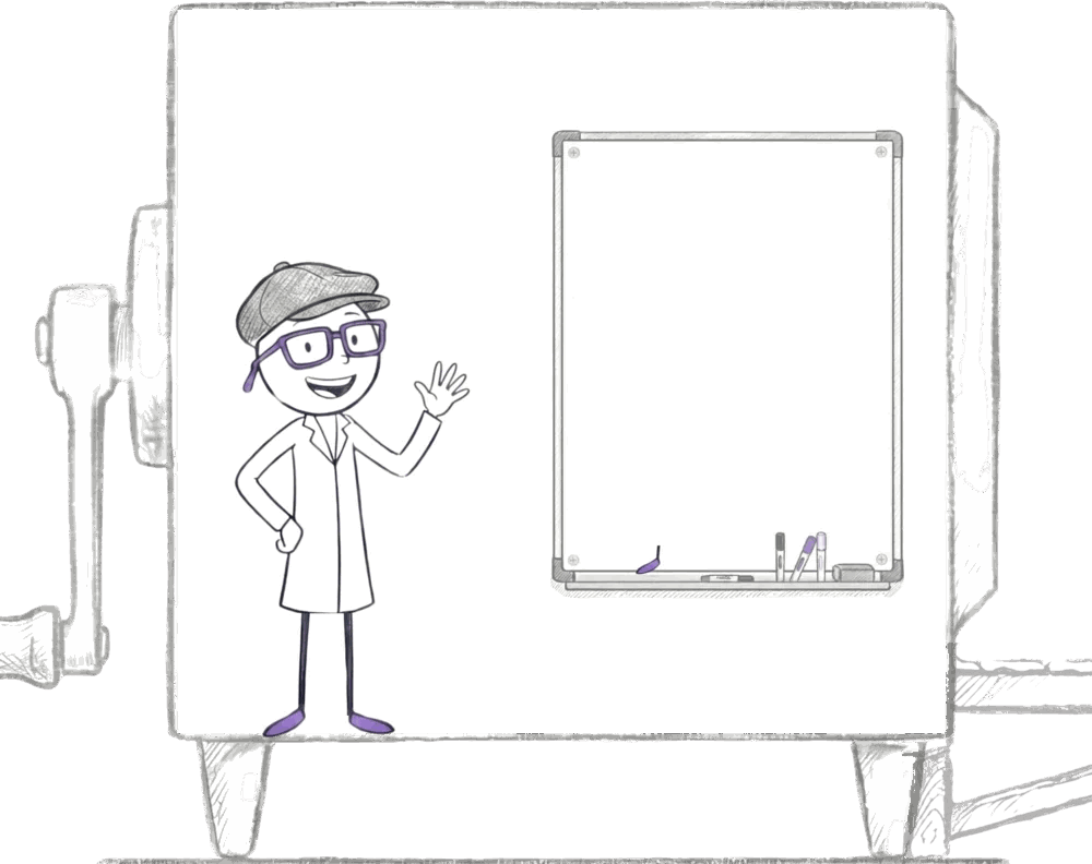 Jiki standing beside a new machine with a whiteboard inside it for writing down the function's instructions