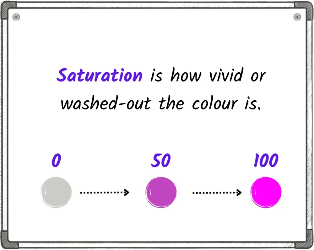 A saturation slider from 0 (gray) through 50 to 100 (full vivid color)
