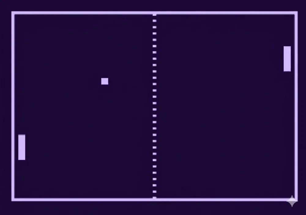 A Pong-style court with paddles and a ball bouncing from side to side, illustrating toggling a movingRight variable