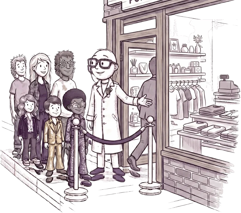 A bouncer on the door of a shop checking the outfits of a queue of people