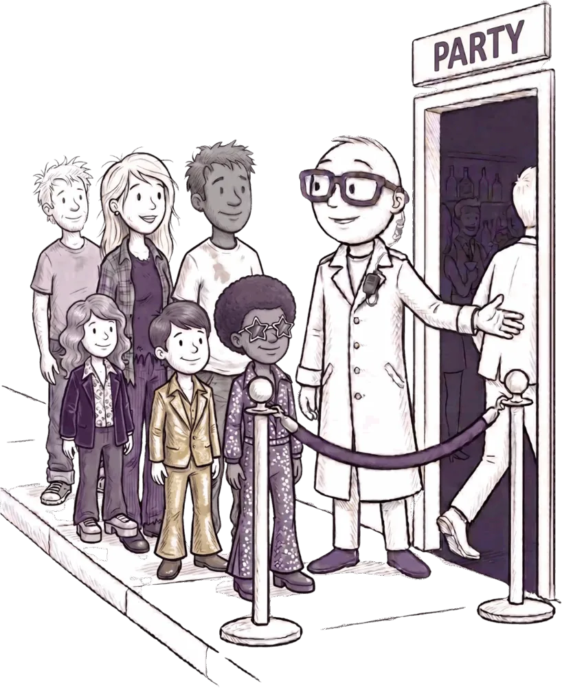 Jiki welcoming a mix of disco-dressed kids and casually dressed adults through the door to a party