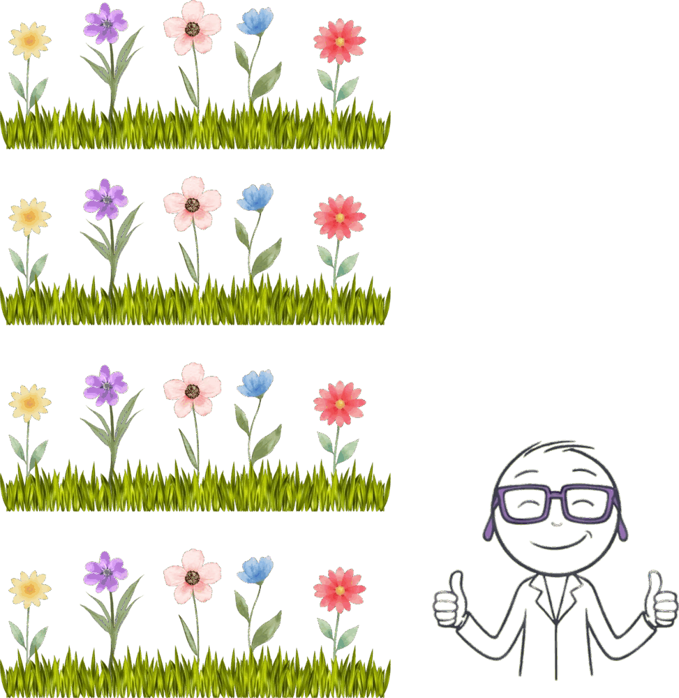 The finished four-by-five grid of flowers with a happy Jiki giving two thumbs up