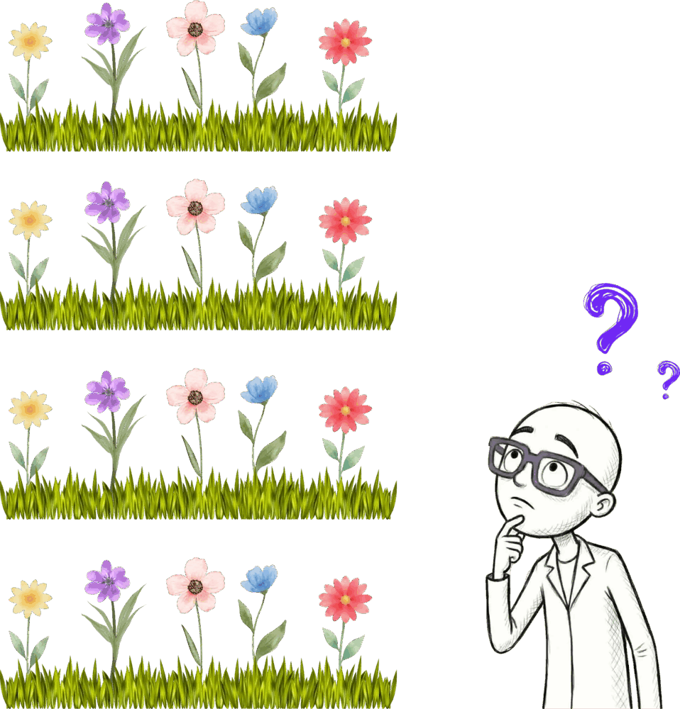 A four-by-five grid of flowers with Jiki thinking about how to draw it