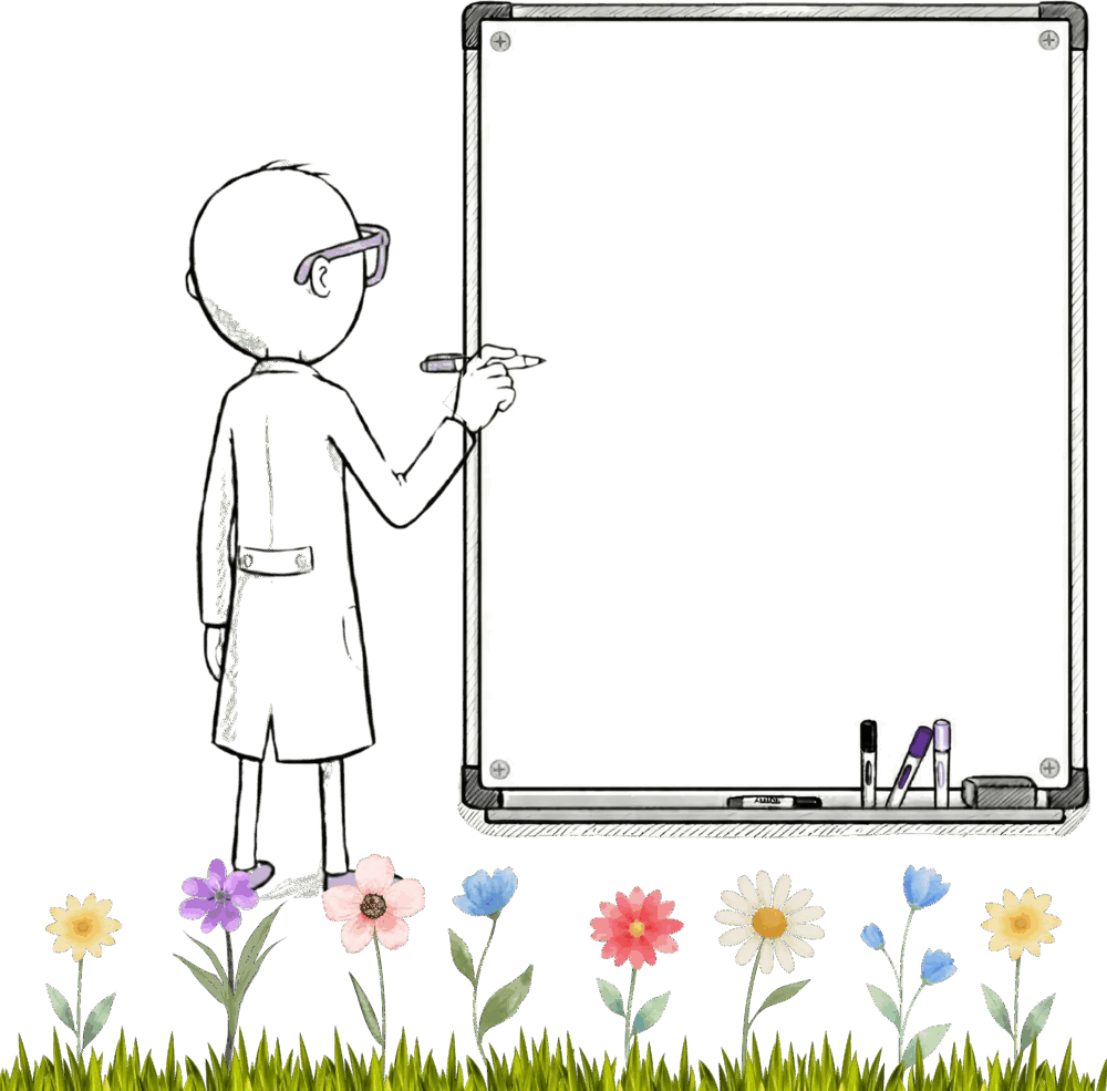 Jiki at a whiteboard with a single neat row of flowers planted below