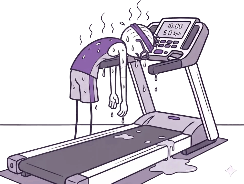 Jiki slumped exhausted over the treadmill after going for ages, ready to give up and take a break