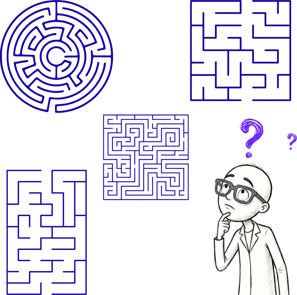 Several different mazes of varying shapes and sizes, with Jiki puzzling over how to solve any of them