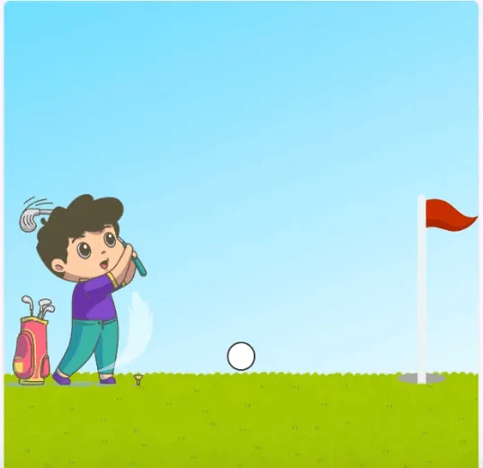 A golf game scene with a golfer, a ball, and a flag in the hole to the right