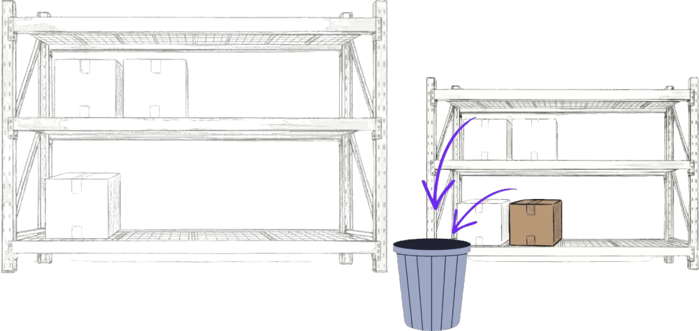 Jiki throwing the boxes from the secondary set of shelves into a bin when he reaches the closing curly bracket