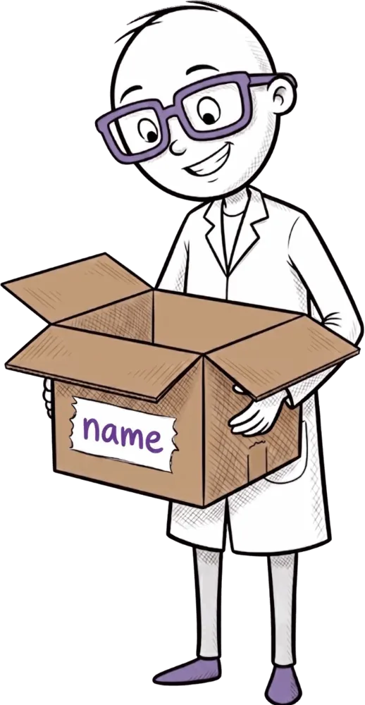 Jiki holding a box labelled name, which can contain different values
