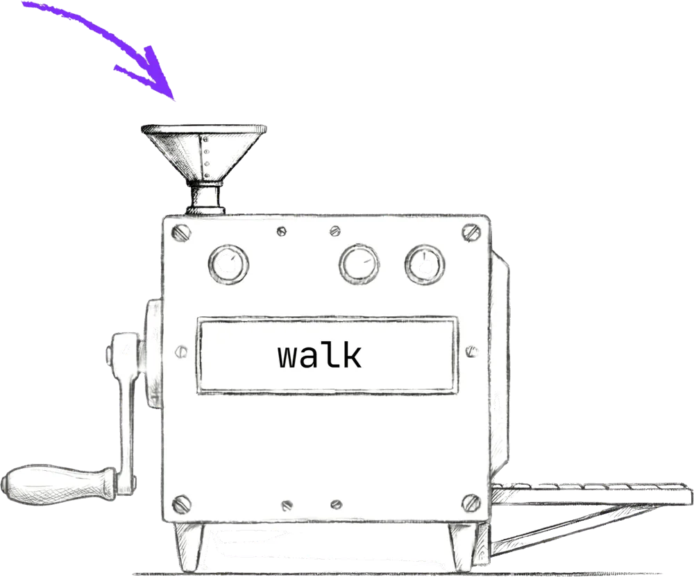 The walk machine, with an input slot on top for the number of steps